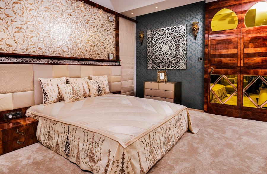 Bespoke upholstered headboard and custom bedding, luxury bedroom Mumbai