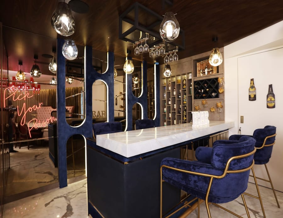 Custom upholstery and bespoke bar seating, hospitality project Mumbai