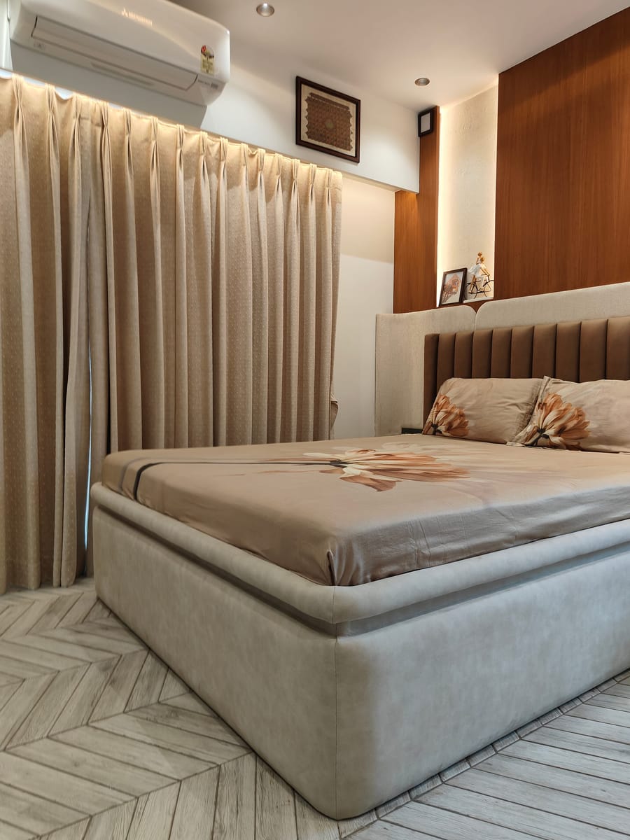 Complete master bedroom furnishing — custom curtains, headboard and bedding, Mumbai